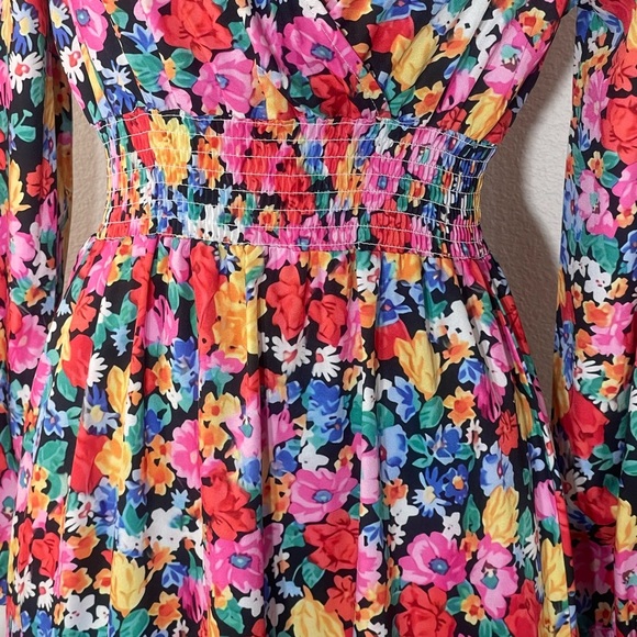 Floral V Neck Long Puff Sleeve Boho Peasant Ruffle Mini Dress Size Small Hippie - Picture 3 of 9